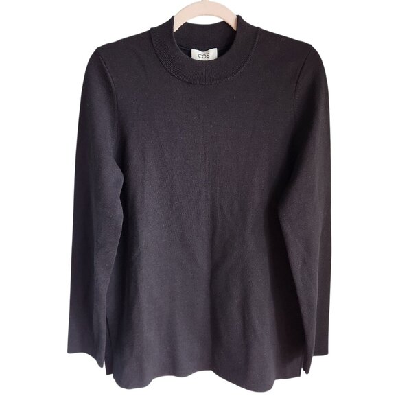 COS Sweater XS Women's Black Tunic Side Slit Wool Blend Crew Neck NEW - Picture 1 of 12